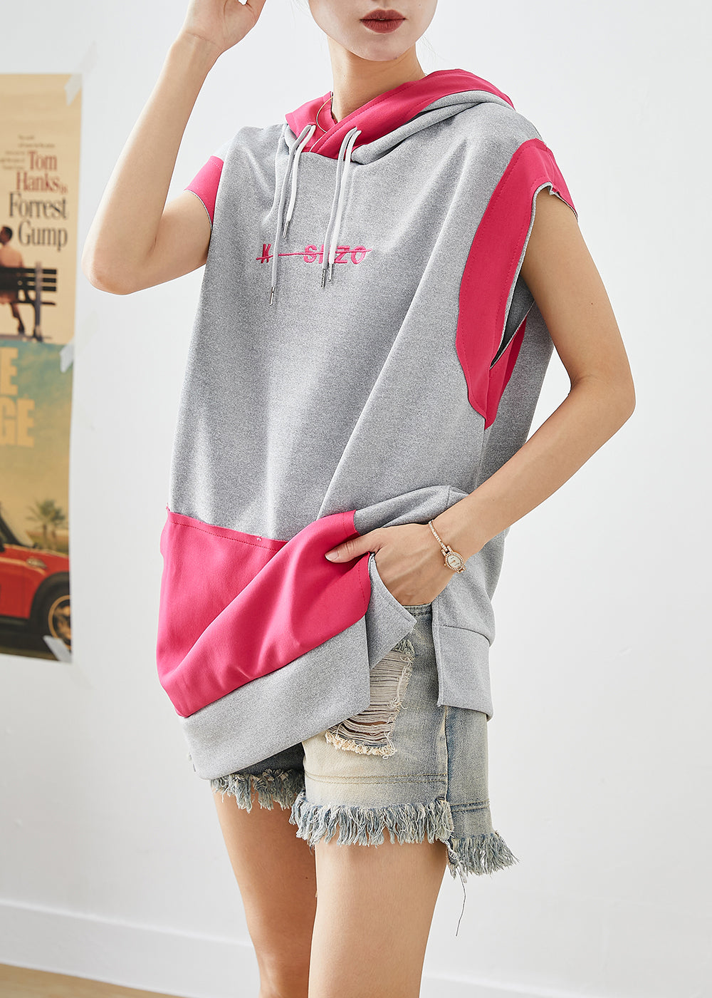 Art Grey Hooded Patchwork Pockets Cotton Pullover Streetwear Summer Ada Fashion