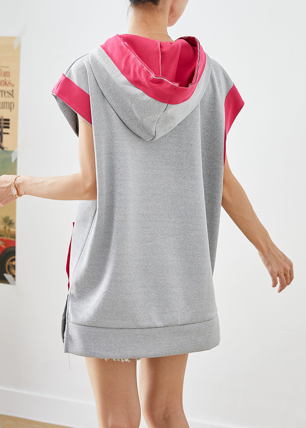 Art Grey Hooded Patchwork Pockets Cotton Pullover Streetwear Summer Ada Fashion