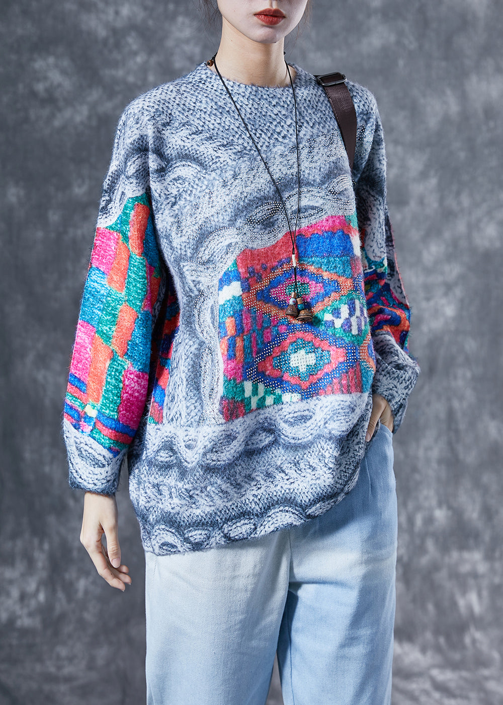 Art Grey Oversized Print Knit Pullover Spring LY4089 - fabuloryshop