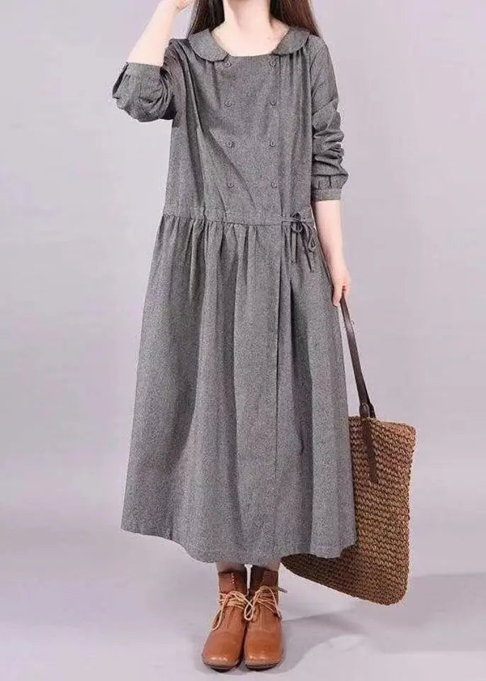 Art Grey Peter Pan Collar Drawstring Patchwork Cotton Dress Fall Ada Fashion