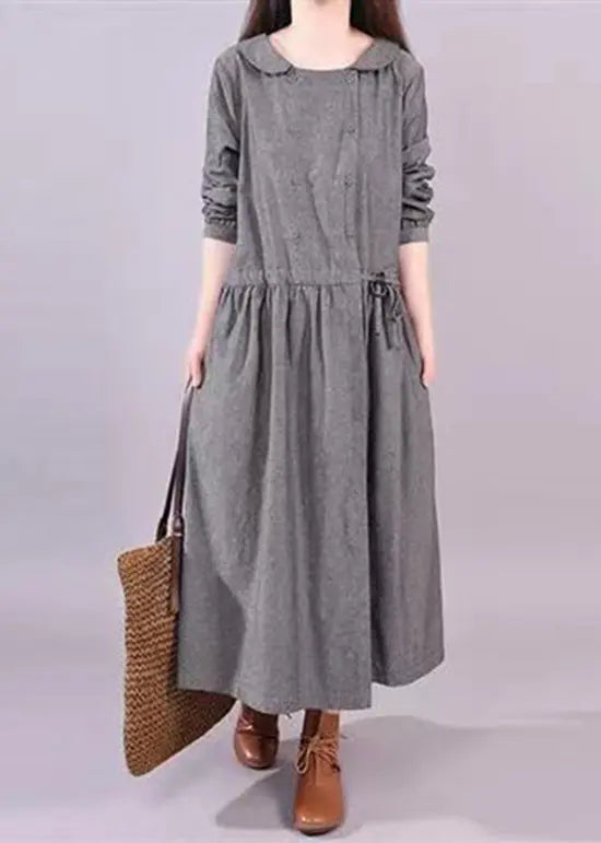 Art Grey Peter Pan Collar Drawstring Patchwork Cotton Dress Fall Ada Fashion