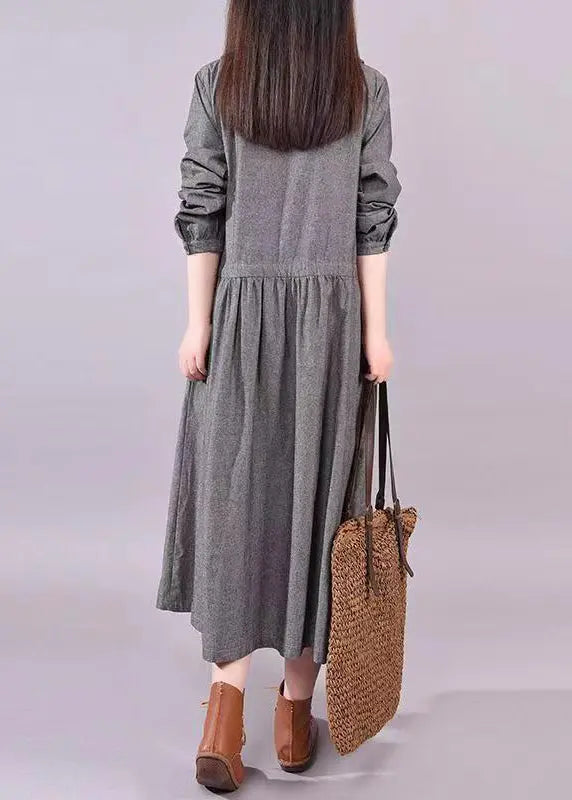 Art Grey Peter Pan Collar Drawstring Patchwork Cotton Dress Fall Ada Fashion