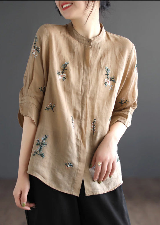 Art Khaki Embroideried Floral Button Ramie Shirt Half Sleeve LY5087 - fabuloryshop