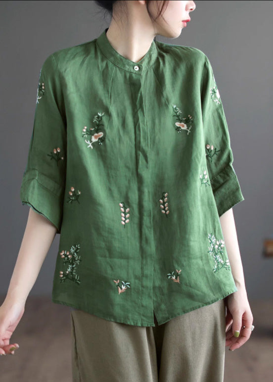 Art Khaki Embroideried Floral Button Ramie Shirt Half Sleeve LY5087 - fabuloryshop