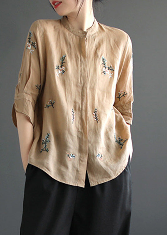 Art Khaki Embroideried Floral Button Ramie Shirt Half Sleeve LY5087 - fabuloryshop