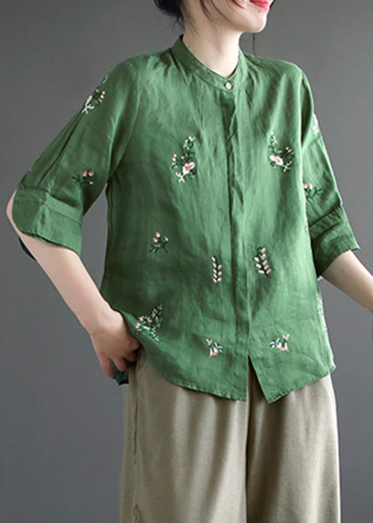 Art Khaki Embroideried Floral Button Ramie Shirt Half Sleeve LY5087 - fabuloryshop