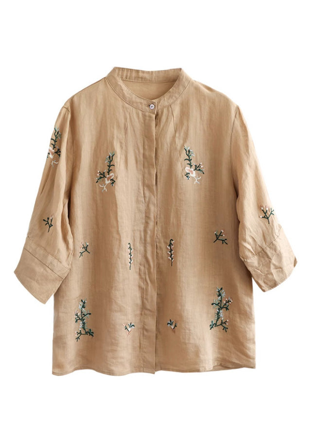 Art Khaki Embroideried Floral Button Ramie Shirt Half Sleeve LY5087 - fabuloryshop