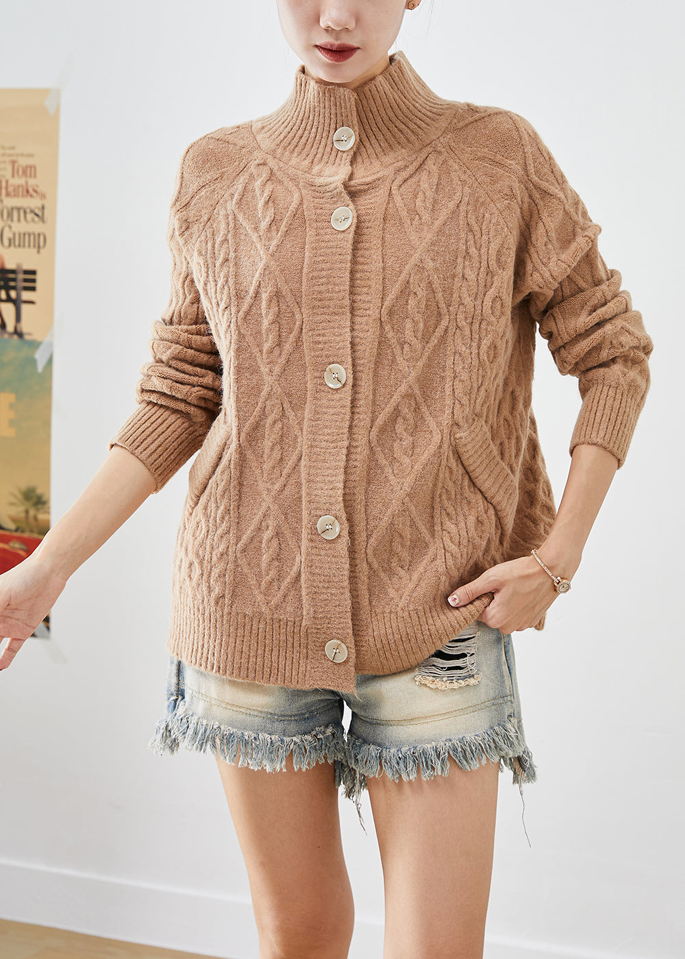 Art Khaki High Neck Button Down Warm Cable Knit Cardigan Fall Ada Fashion