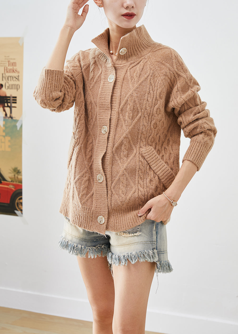 Art Khaki High Neck Button Down Warm Cable Knit Cardigan Fall Ada Fashion