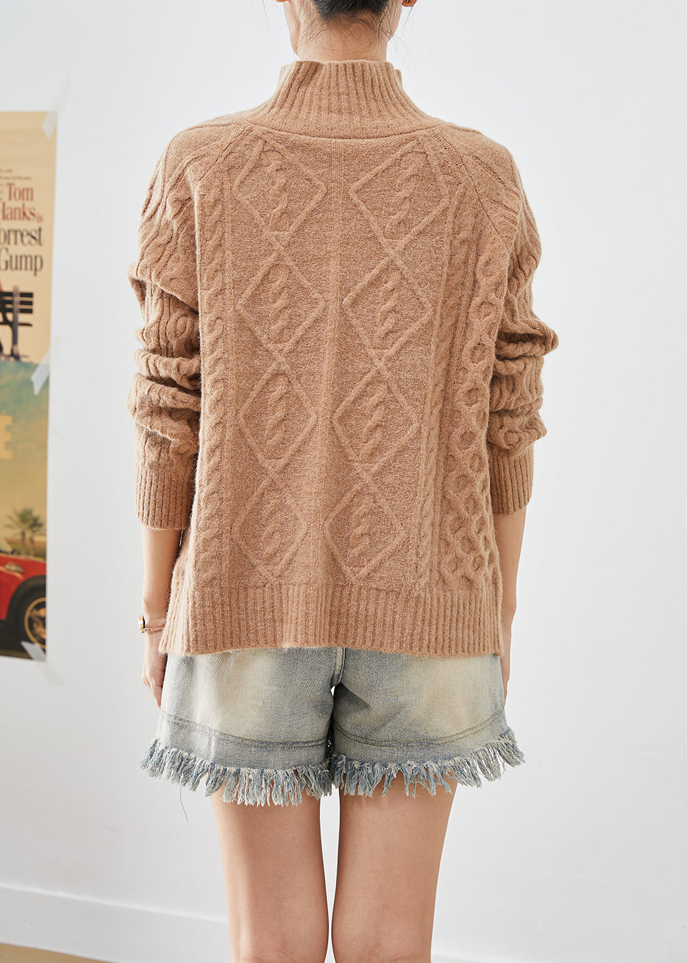 Art Khaki High Neck Button Down Warm Cable Knit Cardigan Fall Ada Fashion