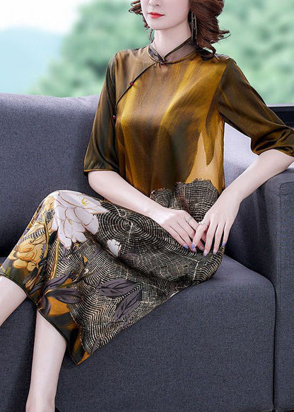 Art Khaki Mandarin Collar Print Silk Dresses Half Sleeve LC0198 - fabuloryshop