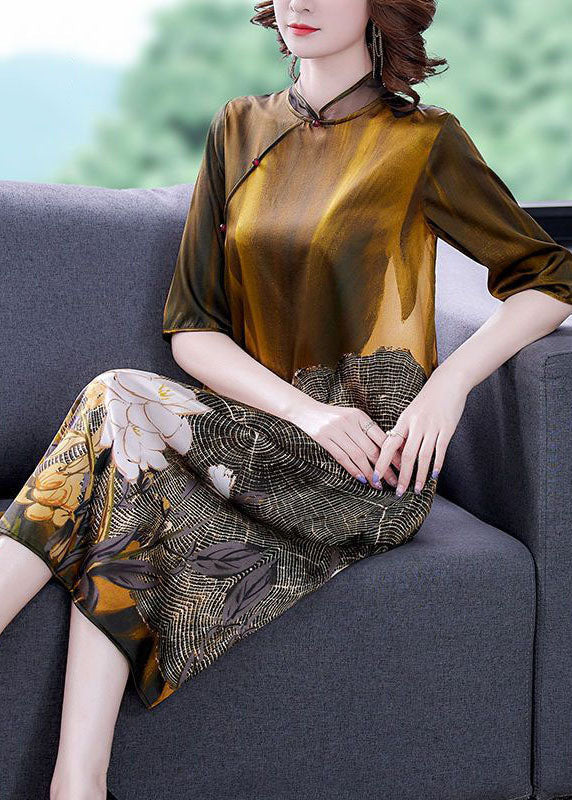 Art Khaki Mandarin Collar Print Silk Dresses Half Sleeve LY1712 - fabuloryshop