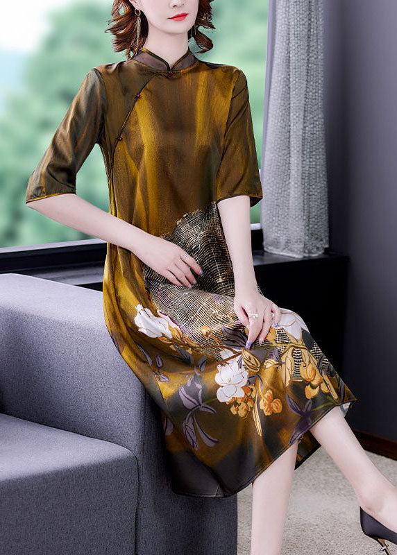 Art Khaki Mandarin Collar Print Silk Dresses Half Sleeve LC0198 - fabuloryshop