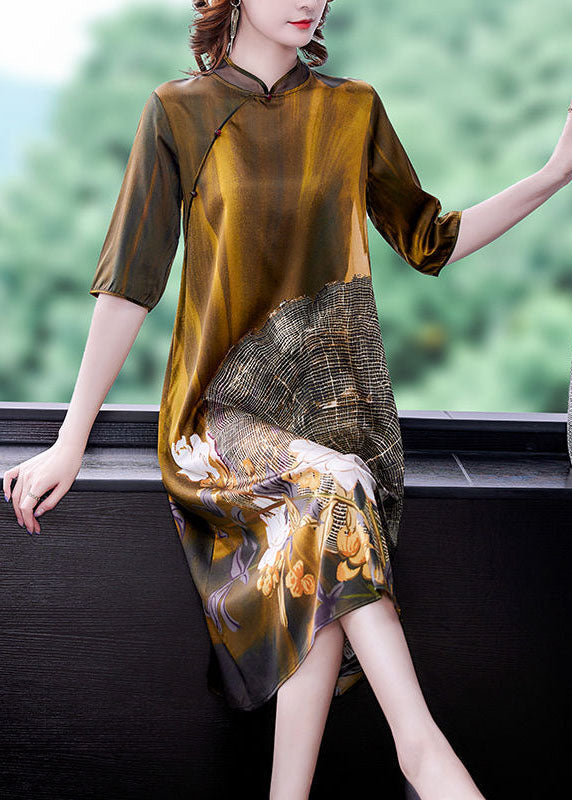 Art Khaki Mandarin Collar Print Silk Dresses Half Sleeve LC0198 - fabuloryshop