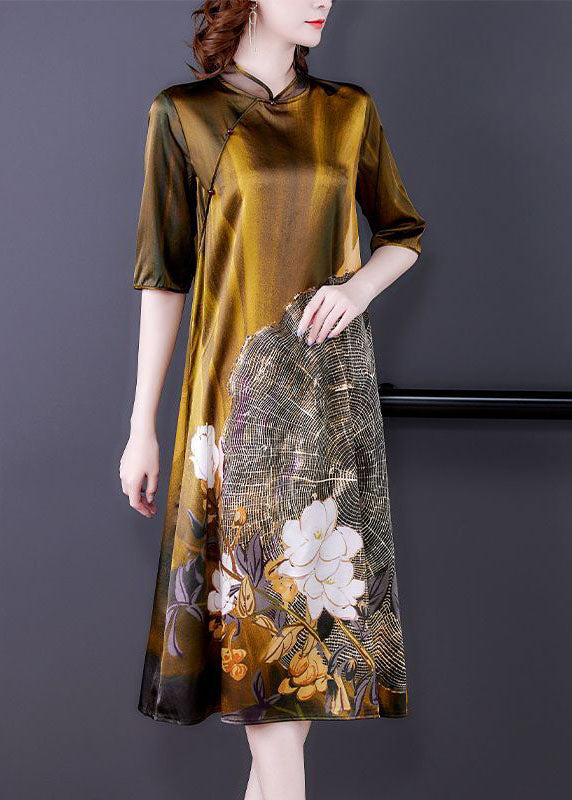 Art Khaki Mandarin Collar Print Silk Dresses Half Sleeve LC0198 - fabuloryshop