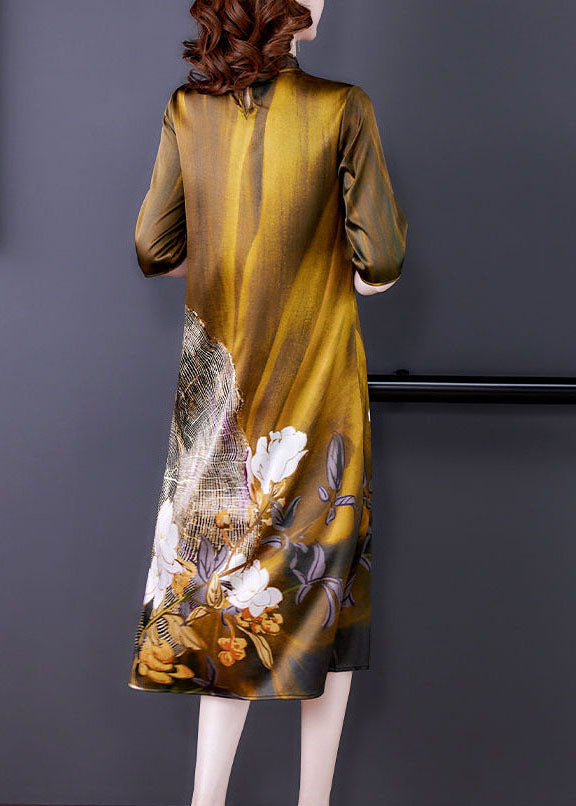 Art Khaki Mandarin Collar Print Silk Dresses Half Sleeve LC0198 - fabuloryshop