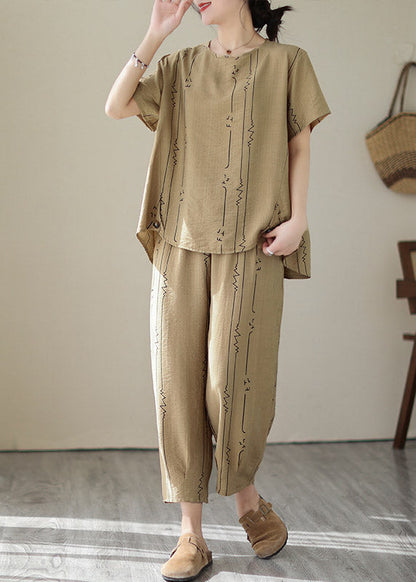 Art Khaki O-Neck Print Top And Lantern Pants Two Pieces Set Summer LY2991 - fabuloryshop