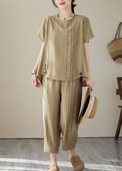 Art Khaki O-Neck Print Top And Lantern Pants Two Pieces Set Summer LY2991 - fabuloryshop