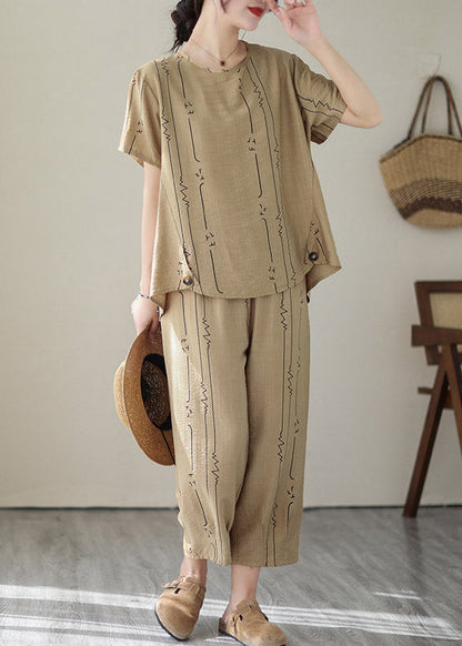 Art Khaki O-Neck Print Top And Lantern Pants Two Pieces Set Summer LY2991 - fabuloryshop