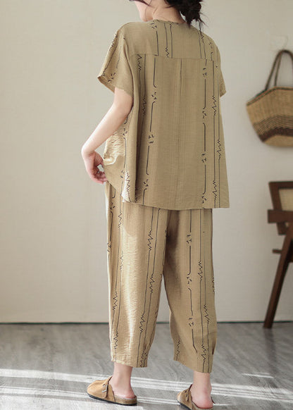 Art Khaki O-Neck Print Top And Lantern Pants Two Pieces Set Summer LY2991 - fabuloryshop