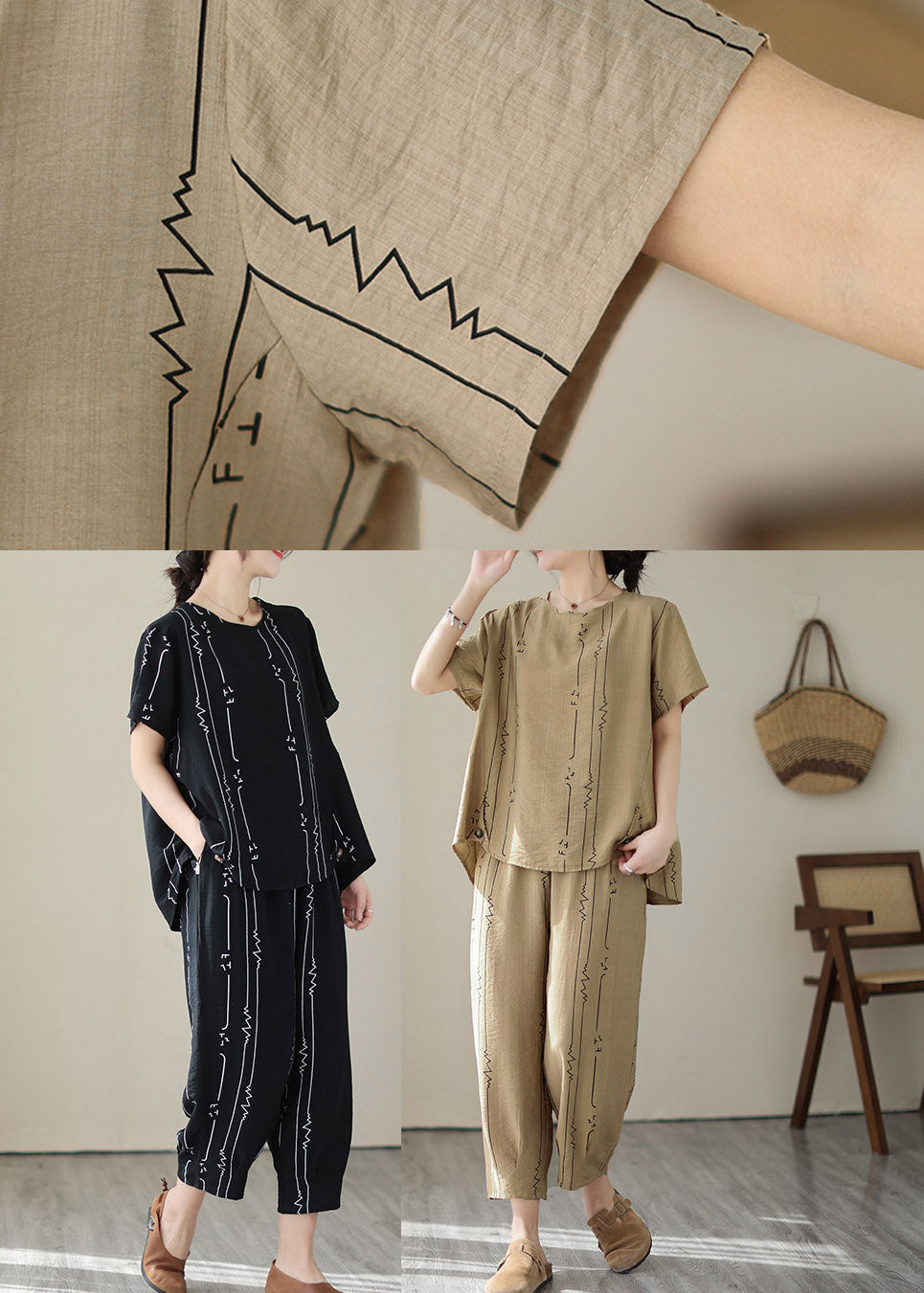 Art Khaki O-Neck Print Top And Lantern Pants Two Pieces Set Summer LY2991 - fabuloryshop