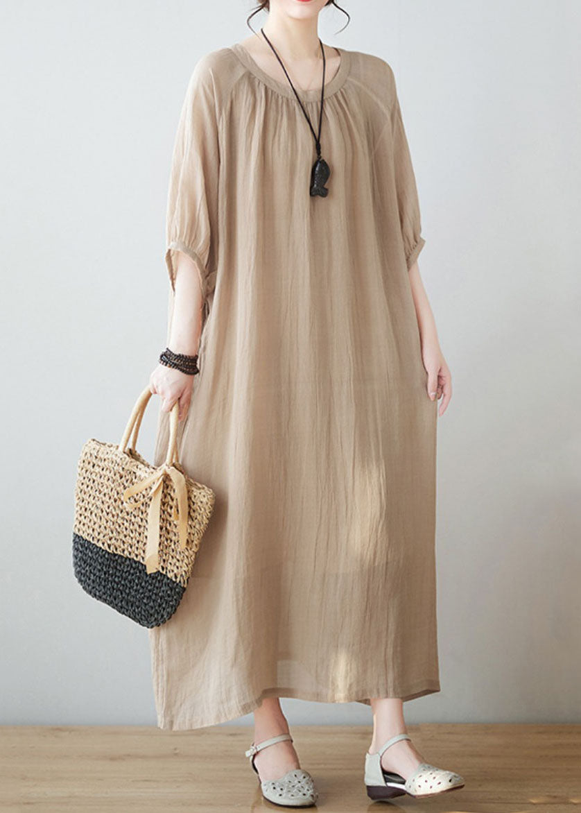 Art Khaki O Neck Wrinkled Pockets Patchwork Linen Dresses Summer LY4897 - fabuloryshop