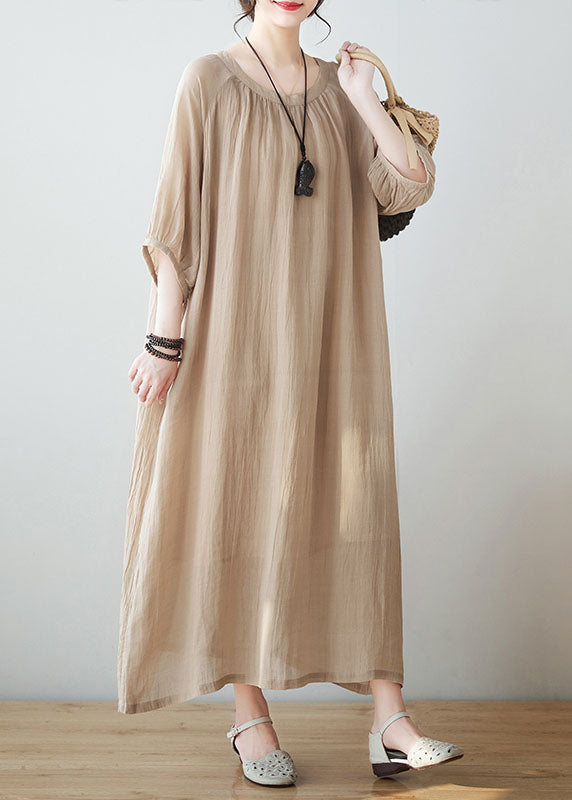 Art Khaki O Neck Wrinkled Pockets Patchwork Linen Dresses Summer LY4897 - fabuloryshop