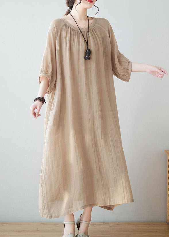 Art Khaki O Neck Wrinkled Pockets Patchwork Linen Dresses Summer LY4897 - fabuloryshop