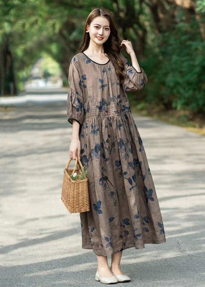 Art Khaki O Neck Wrinkled Print Patchwork Long Linen Dress Summer LY2487 - fabuloryshop