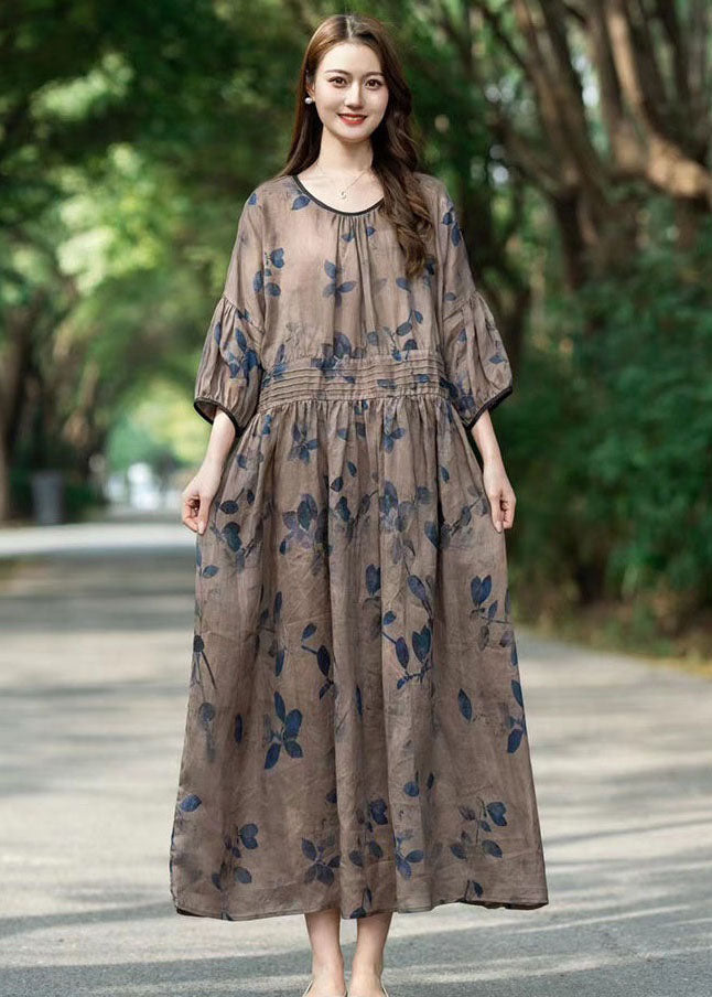 Art Khaki O Neck Wrinkled Print Patchwork Long Linen Dress Summer LY2487 - fabuloryshop