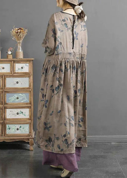 Art Khaki O Neck Wrinkled Print Patchwork Long Linen Dress Summer LY2487 - fabuloryshop