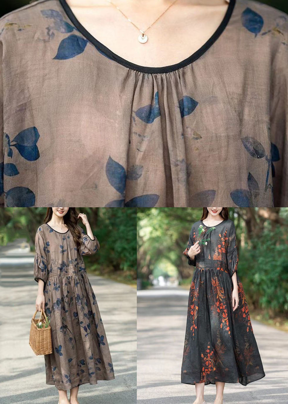 Art Khaki O Neck Wrinkled Print Patchwork Long Linen Dress Summer LY2487 - fabuloryshop