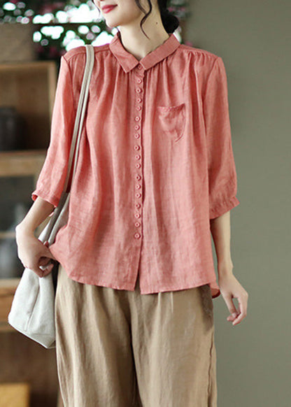 Art Khaki Peter Pan Collar Button Linen Shirt Summer LY4519 - fabuloryshop