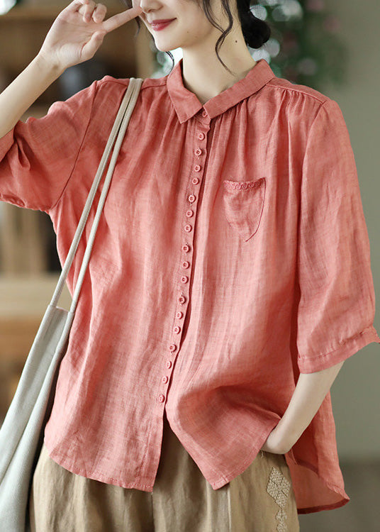 Art Khaki Peter Pan Collar Button Linen Shirt Summer LY4519 - fabuloryshop