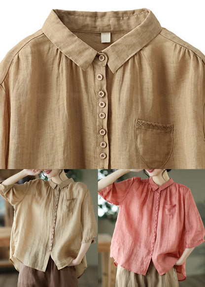 Art Khaki Peter Pan Collar Button Linen Shirt Summer LY4519 - fabuloryshop