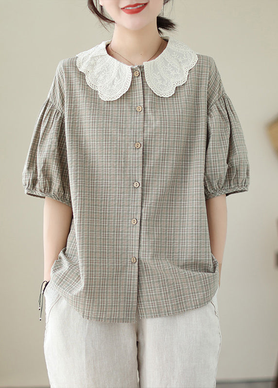 Art Khaki Peter Pan Collar Plaid Cotton Blouses Summer LY7326 - fabuloryshop