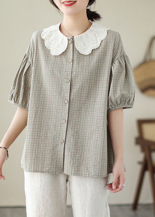 Art Khaki Peter Pan Collar Plaid Cotton Blouses Summer LY7326 - fabuloryshop