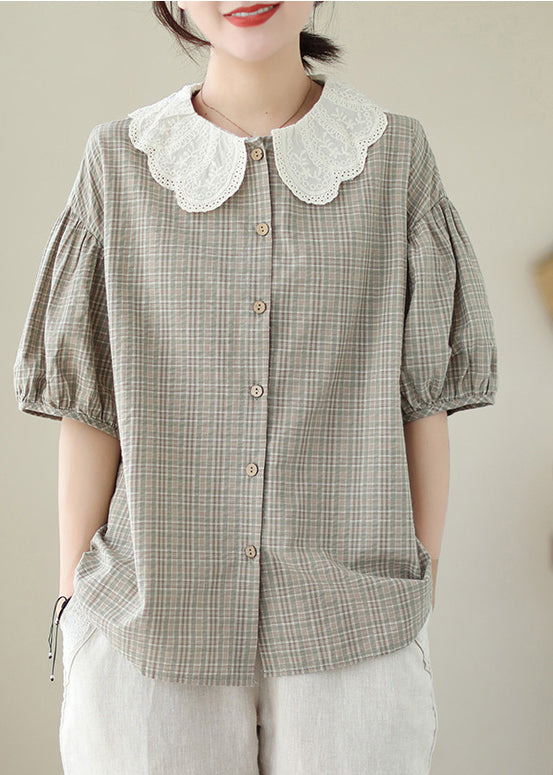 Art Khaki Peter Pan Collar Plaid Cotton Blouses Summer LY7326 - fabuloryshop