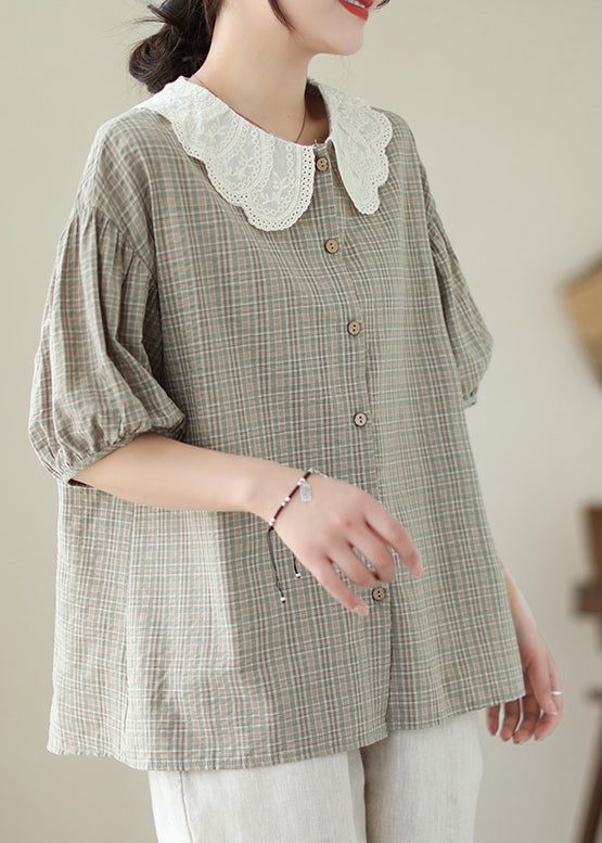 Art Khaki Peter Pan Collar Plaid Cotton Blouses Summer LY7326 - fabuloryshop