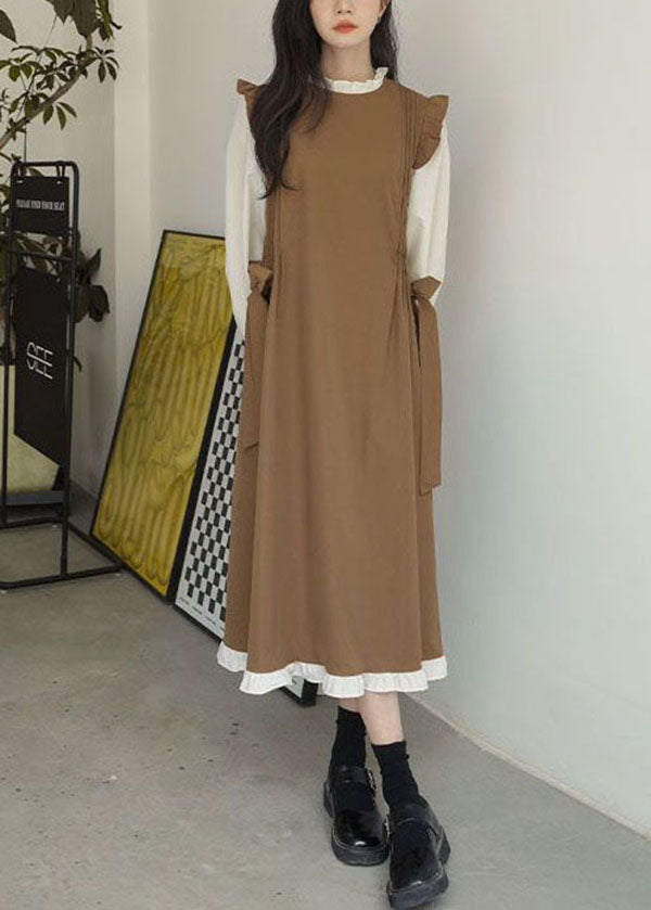 Art Khaki Ruffled Patchwork Cotton Fake Two Piece Dress Spring TG1058 - fabuloryshop