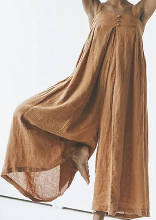 Art Khaki Slash Neck Button Solid Linen Jumpsuit Summer LY1965 - fabuloryshop