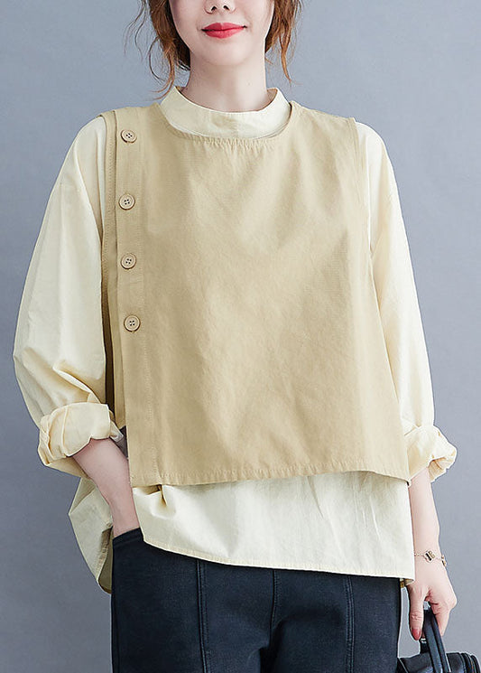 Art Khaki Stand Collar Asymmetrical Button Cotton Vest Two Piece Set Outfits Spring LY1512 - fabuloryshop