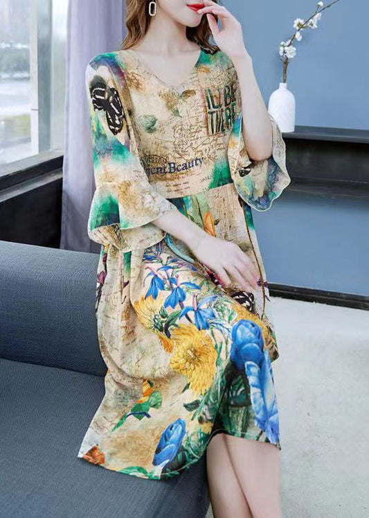 Art Khaki V Neck Print Wrinkled Patchwork Chiffon Dress Butterfly Sleeve Ada Fashion