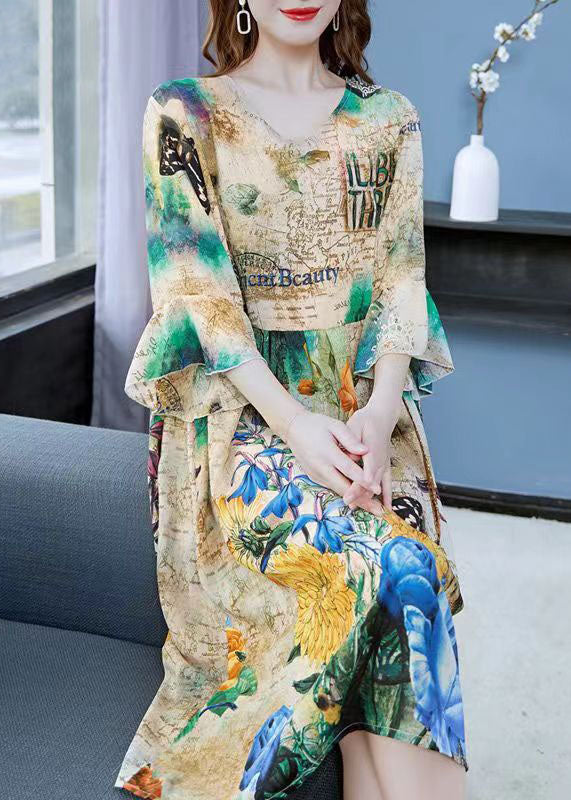 Art Khaki V Neck Print Wrinkled Patchwork Chiffon Dress Butterfly Sleeve Ada Fashion