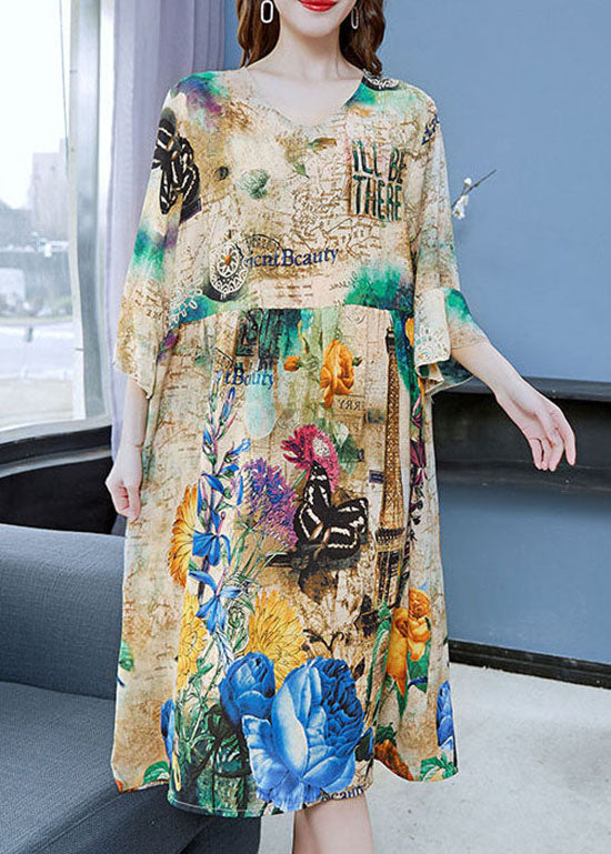 Art Khaki V Neck Print Wrinkled Patchwork Chiffon Dress Butterfly Sleeve Ada Fashion