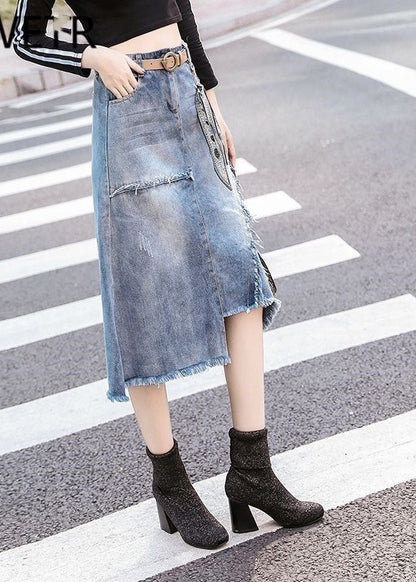 Art Light Blue Asymmetrical Patchwork High Waist Denim Skirt Summer TY1092 - fabuloryshop