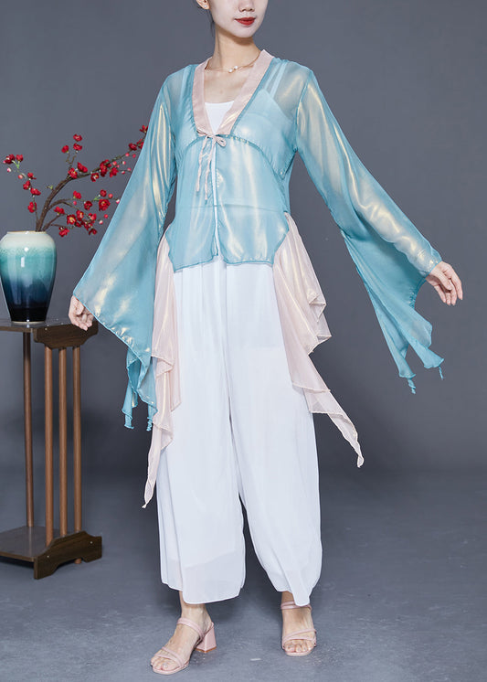 Art Light Blue Asymmetrical Patchwork Silk Top Flare Sleeve LY4882 - fabuloryshop