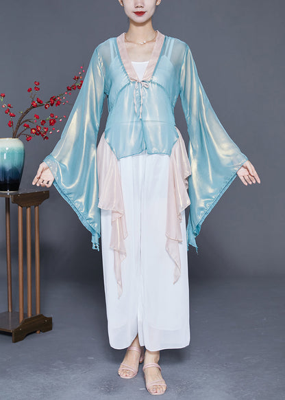 Art Light Blue Asymmetrical Patchwork Silk Top Flare Sleeve LY4882 - fabuloryshop