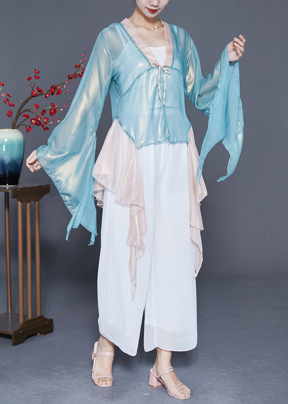 Art Light Blue Asymmetrical Patchwork Silk Top Flare Sleeve LY4882 - fabuloryshop