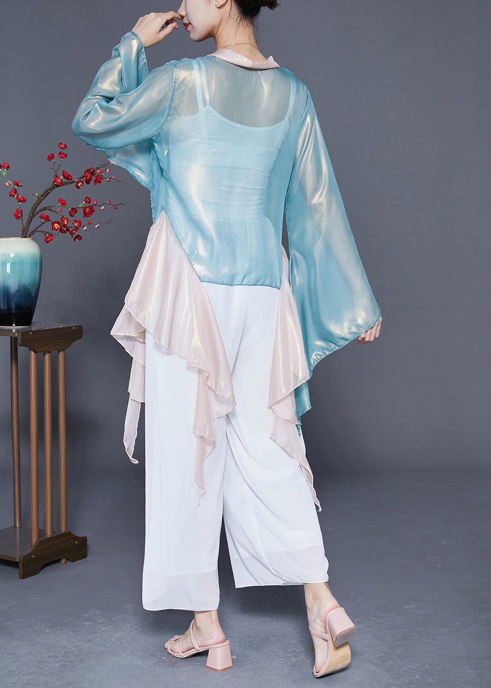 Art Light Blue Asymmetrical Patchwork Silk Top Flare Sleeve LY4882 - fabuloryshop